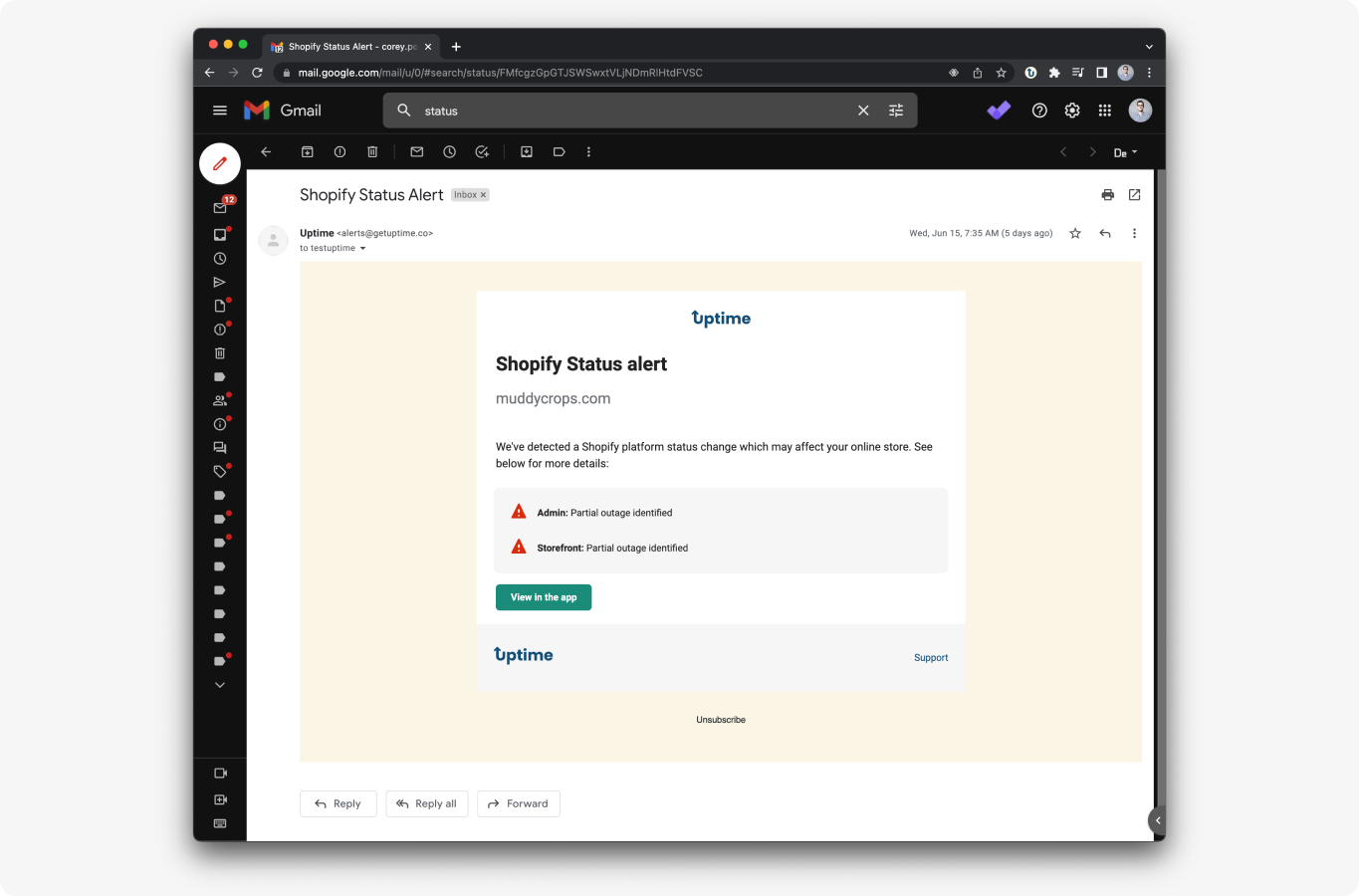 Example of an Uptime shopify status alert email